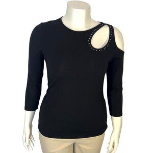 Cache Top Blouse Womens L Black Chest Cutout Rhinestone Embellished 3/4 Sleeve